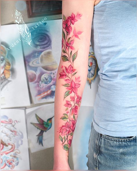 #tattoo #ardenttattoo #art #tattooideas #Bougainvillea #tatuaggio Bougainvillea Tattoo Black, Mugunghwa Tattoo, Bougainvillea Tattoo, Frida Tattoo, 2023 Tattoo, Mangas Tattoo, Left Arm Tattoos, Tattoo Thigh, Panda Tattoo