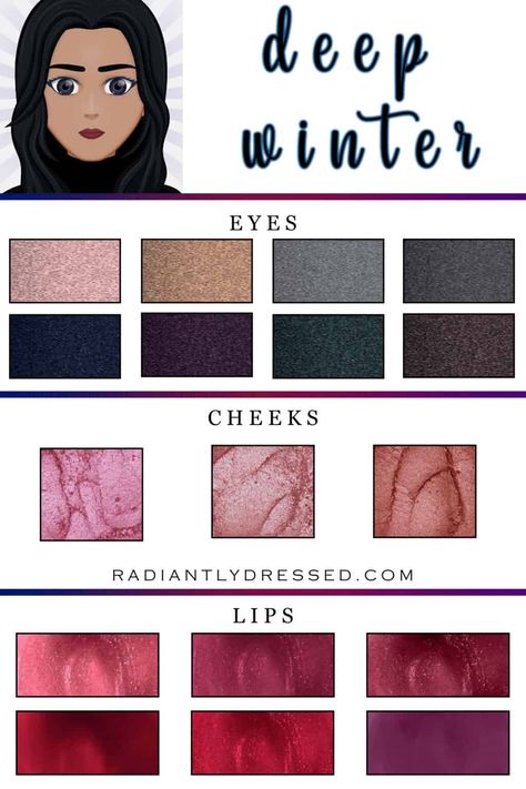 Best Hair Colour For Deep Winter, Deep Winter Color Makeup, Makeup For Deep Winter Skin Tone, Winter Season Makeup Color Palettes, Deep Winter Make Up Color Palettes, Deep Winter Color Palette Lipstick, Color Analysis Winter Types, Lipstick For Winter Skin Tone, Deep Winter Color Palette Nails