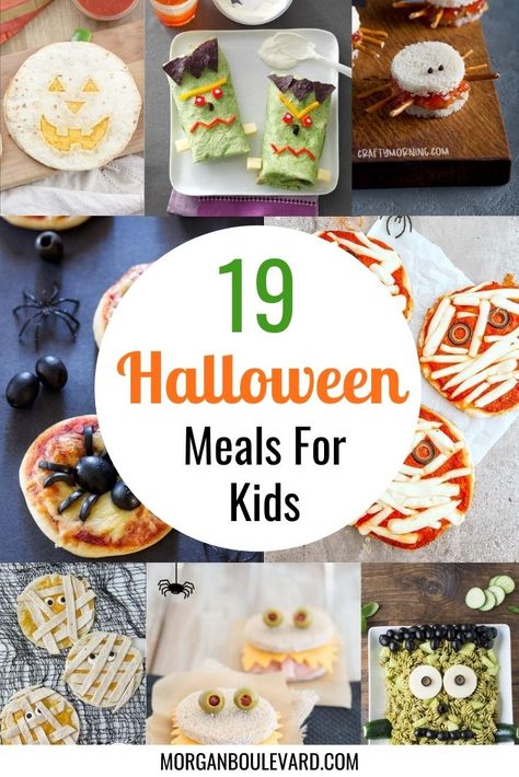 19 Spooky Halloween Meals For Kids Your Little Ones Will Love Spooky Pancakes, Halloween Meals For Kids, Halloween Meal Ideas, Meal Ideas For Kids, Halloween Meals, Shaped Sandwiches, Halloween Meal, Vegan Halloween Treat, Yogurt Covered Raisins