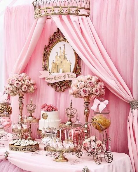 17 Adorable Baby Shower Backdrop Ideas That Will Make Your Photos Pop! Pink Princess 1st Birthday Party, Pink Princess Party Decorations, Once Upon A Time First Birthday Theme, Princess Themed Wedding, Fairytale Theme Party, Cowboy Princess, Princess Baby Shower Theme, Princess Theme Party Decorations, Princess Baby Shower Ideas