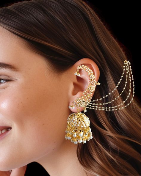 Gold plated jadau kaan earrings / ear cuffs . Ready to ship in Navratan and pearls . #earcuff #traditionalearrings #jadauearrings #goldplatedearrings #jhumka #indianjewelleryusa Pearl Ear Cuffs, Traditional Earrings, Earrings Ear, Ear Cuffs, Jewellery Set, Gold Plated Earrings, Indian Jewellery, Jewelry Gold, Jewelry Set