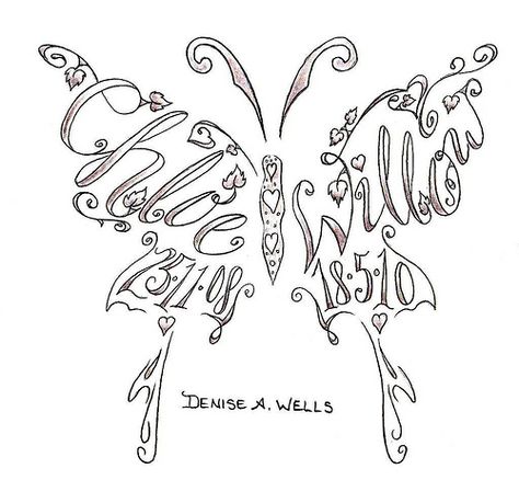 Name tattoos made into a butterfly shape by Denise A. Wells Marie Tattoo, Melanie Marie, Butterfly Name Tattoo, Kid Name Tattoo, Wallpaper Travel, Family Tree Tattoo, Tattoos With Kids Names, Geniale Tattoos, Name Tattoo Designs