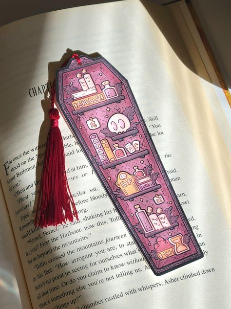 2"x6" Plum Purple Coffin Bookmark with Tassel- Halloween Cardstock Paper Book Marker, Unique Spooky Witch Library Page Tracker, Cute Charm Bookmark For Friend, Drawing Bookmarks Ideas, Coffin Background, Coffin Bookmark, Magic Book Art, Witch Library, Bookmark Illustration, Page Tracker, Witch Bookmark