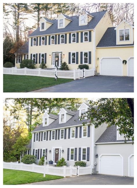 Updated Colonial Interior, Colonial To Craftsman Exterior, Colonial House Exterior Update, Colonial Home Update, Beige Colonial House Exterior, Colonial House Exterior Makeover Modern, Siding Ideas Exterior Colonial, Exterior House Colors Colonial, Gray Colonial House Exterior