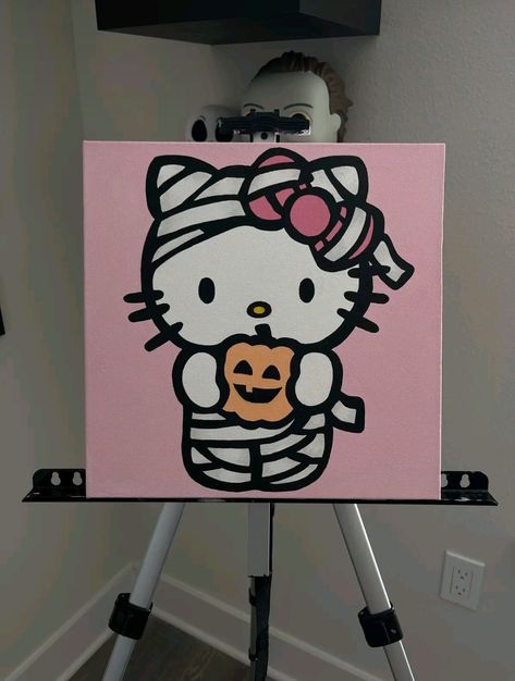 Hello Kitty Oil Painting, Hello Kitty Halloween Painting, Pink Halloween Painting Ideas, Things To Do On A Canvas, Cute Hello Kitty Painting, Painting Ideas Doodle, Mini Canvas Art Halloween, Pink Halloween Painting, Diy Canvas Art Painting Ideas