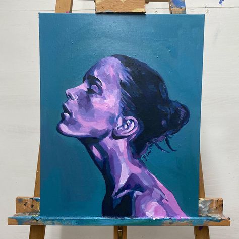 Acrylic painting of a woman, painted in blues pinks and purples against a teal background, on canvas Beautiful Acrylic Painting, Acrylic Portrait, Portrait Of Woman, Painting Of A Woman, Portrait Painting, A Woman, Acrylic Painting, Purple