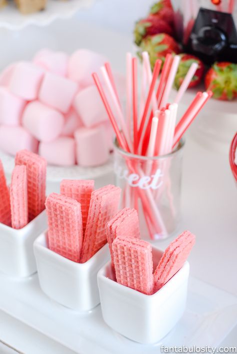 Strawberry wafers for chocolate fountain: Chocolate Fountain Bar Ideas: A Modern, Rustic, Pink Party Display Pink Parties Ideas, Pink Birthday Party Treats, Pink Party Ideas For Adults Food, Pink Candy Bar Ideas, Pink Strawberry Party, Pink Desserts Birthday, Strawberry Party Desserts, Pink Dessert Bar, Light Pink Party Theme