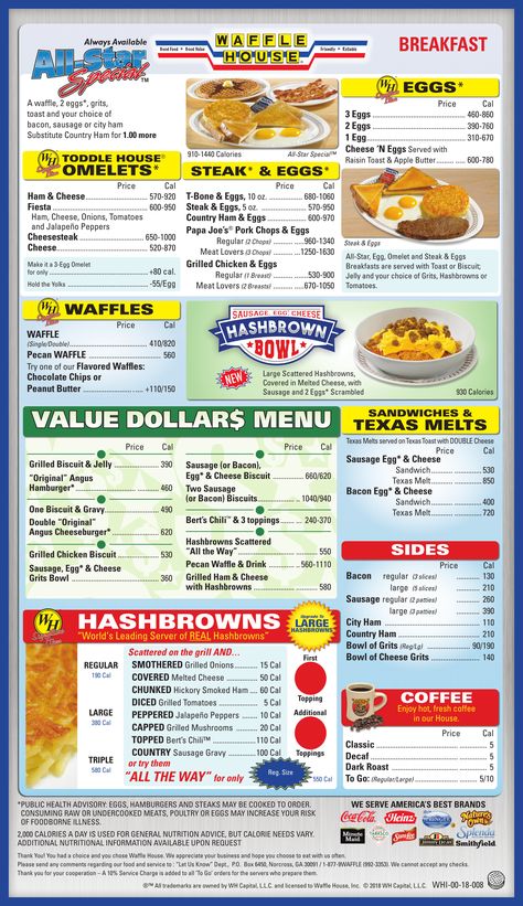 Waffle House Menu Prices, Waffle House Food, Waffle House Breakfast, Waffle House Menu, Egg Waffle, Breakfast Specials, Bacon On The Grill, Pecan Salad, Breakfast Waffles