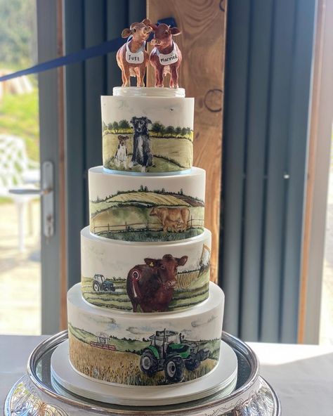 Farm Wedding Cake Toppers, Wedding Cake Fondant Simple, Farm Theme Wedding Cake, Wedding Cake Farm Theme, Cow Grooms Cake, Farmer Grooms Cake, Farmer Wedding Cake, Cake Designs Western, Tractor Grooms Cake