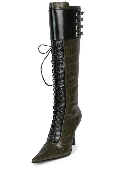 Pointed-toe stiletto knee-high boot with lace-up and buckle cuff Fits true to size Measurements taken from size 7 4" Heel, 0.25" Platform 15" Shaft, 14" Leg Opening Synthetic Upper, Fabric/ Leather Lining, Synthetic Sole Zipper closure Green And Black Clothes, Aesthetic Black Boots, Tie Up Boots, Jeffrey Campbell Heels, Black Heeled Boots, Green Boots, Cork Sandals, Closed Toe Sandals, Platform Stilettos