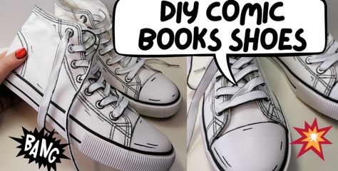 Diy Comic Strip, Strip Shoes, Diy Comic Book, Teenage Lifestyle, Comic Book Shoes, Converse Shoes High Top, Diy Comic, Shoe Art Designs, Diy Converse