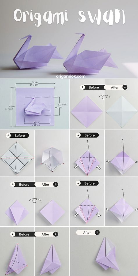 Origami swan is very popular and representative in the world of origami, this instruction is a middle version of a swan, which means it is more elegant and delicate. The only challenge is making the bottom and neck of the swan at the end, but don’t worry, we offer a very detailed step by step tutorial, you are sure to make it. How To Make A Swan Out Of Paper, How To Make Origami Swan, Origami Art Animals, Origami Patterns Step By Step, Origami Tutorial Easy Step By Step, Simple Origami Step By Step, Cool Origami Step By Step, Sticky Note Origami Step By Step, Origami Swan Step By Step