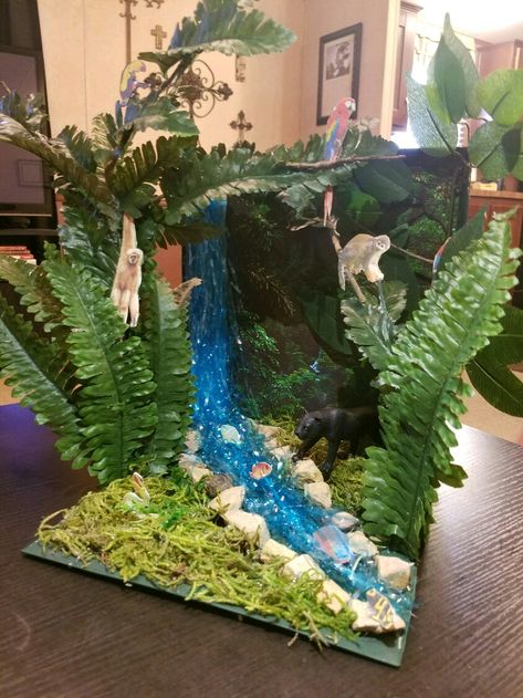 Black Panther Diorama Project (Rainforest Habitat) Rainforest Shoebox Habitat, Rainforest Box Project, Jungle Diaroma, Rain Forest Diorama For Kids, Rainforest Diarama Ideas Kids, Rain Forest Habitat Project For Kids, Rain Forest Biome Project, Forest Diaroma Ideas, Elephant Diorama Project