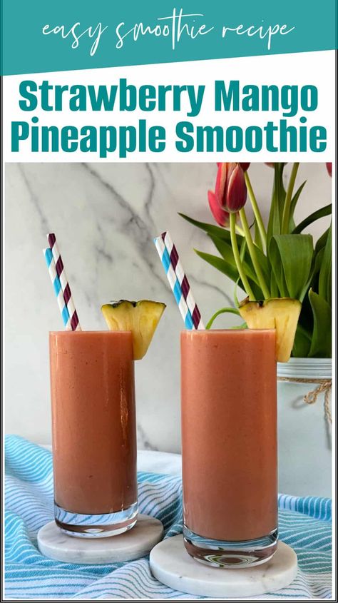 Strawberry Mango Pineapple Smoothie, Mango Pineapple Smoothie Recipe, Protien Smoothies Recipes, Protein Fruit Smoothie, Cherry Smoothie Recipes, Yummy Breakfast Smoothies, Mango And Pineapple, Strawberry Mango Smoothie, Tropical Smoothie Recipes