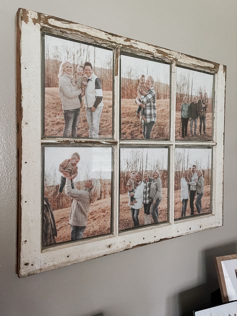 Rustic Window Frame Wall Decor, Old Window Frame Decor Ideas, Old Window With Pictures, Old Window Decor Living Room, Old Farm Windows Decor, Big Picture Wall Ideas Living Room, Old Wood Window Frame Ideas, Vintage Window Frame Ideas Wall Art, Old Windows Picture Frames