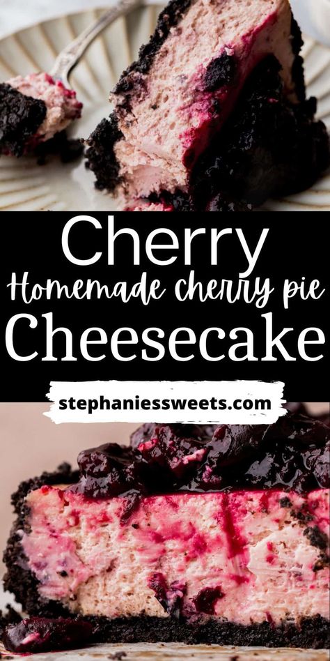 This cherry cheesecake is a baked cheesecake with an Oreo crust and has a creamy cheesecake with some of the cherry pie topping in the batter! It is also topped with cherry pie! Pie Topping, Cherry Cheesecake Recipe, Homemade Cherry Pies, Baked Cheesecake, Pie Cheesecake, Oreo Crust, Cherry Cheesecake, Cherry Recipes, Fruity Desserts