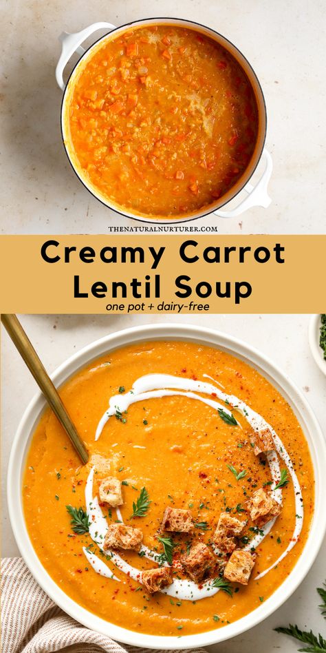 Creamy Carrot Red Lentil Soup is quick and simple to make, full of warm spices, dairy-free, vegan, and full of plant based protein. #veggieloaded Whole Food Lentil Recipes, Dinners With Lentils, Dinner Recipe With Carrots, Creamy Carrot And Red Lentil Soup, Rice Lentil Soup, Soup Recipes Carrot, Carrot Lentil Soup Instant Pot, Red Lentil Carrot Coconut Soup, Cream Of Lentil Soup