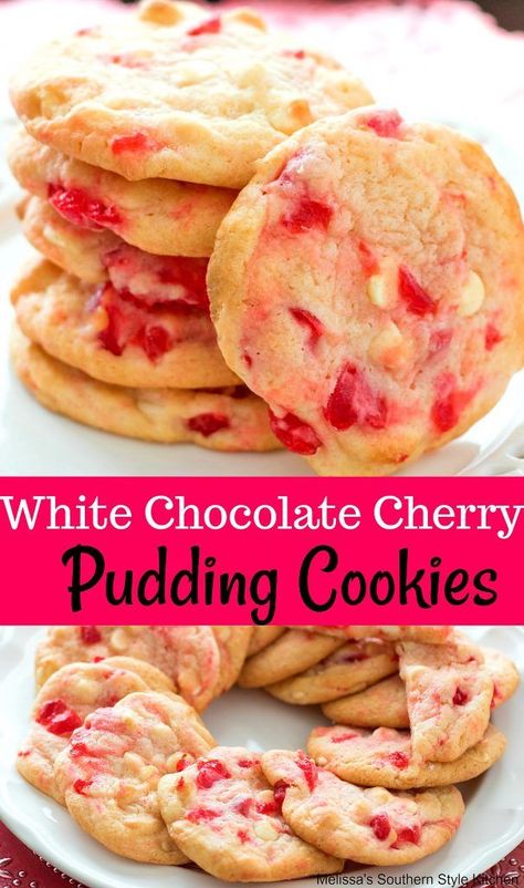 White Chocolate Cherry Cookies, Cherry Pudding, Cookies White Chocolate, White Chocolate Cherry, Sweet Bars, Special Cookies, Cherry Cookies, Cherry Desserts, Pudding Cookies