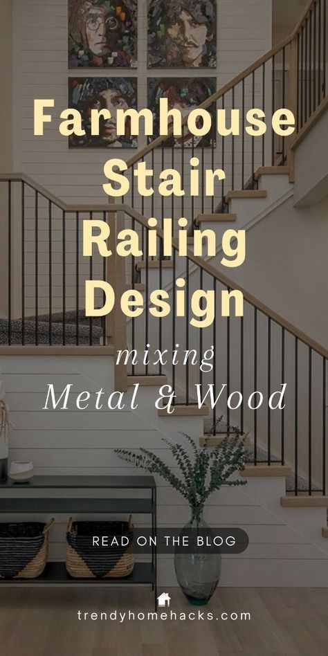 In this Trendy Home Hacks post, we explore unique combinations of wood and metal, nature-inspired motifs, and even stained glass farmhouse stair railing design ideas. When it comes to farmhouse stair design, the combination of earthy wood tones with the boldness of metal accents creates a striking visual contrast, adding a contemporary flair to the rustic charm. Are you ready to transform your space with a timeless farmhouse stair railing? Click to read more on the blog. And, don't forget to save this pin for later.  Happy designing! Staircase Railings Wood, Wood Railing With Black Spindles, Paint Metal Stair Railing, Stair Railing Modern Farmhouse, Open Stair Railing To Basement, Rebar Stair Railing Ideas, Wood Stair Risers, Updating A Staircase, Catwalk Railing Ideas