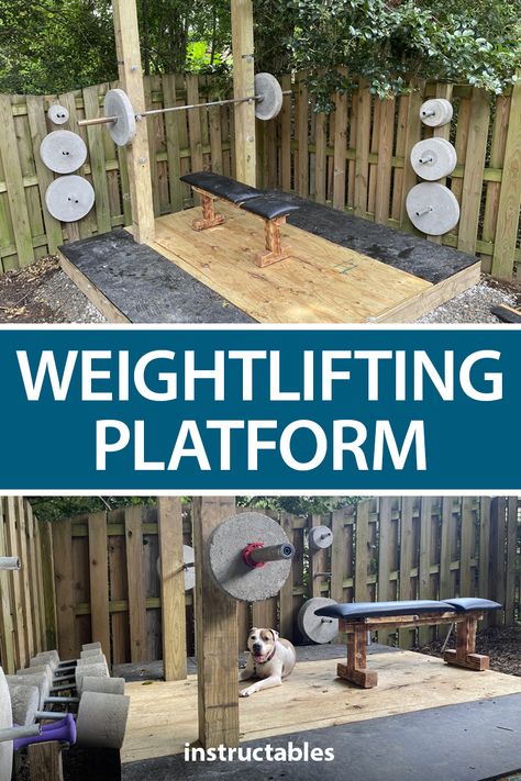 Build an 8’x8’ outdoor weightlifting platform with squat rack. #Instructables #backyard #workshop #woodworking #exercise Outdoor Weight Gym, Outdoor Squat Rack, Diy Outdoor Gym Backyard, Outdoor Gym Ideas Backyards Diy, Diy Outdoor Workout Area, Backyard Workout Area, Diy Outdoor Gym, Outdoor Gym Ideas Backyards, Outdoor Gym Ideas