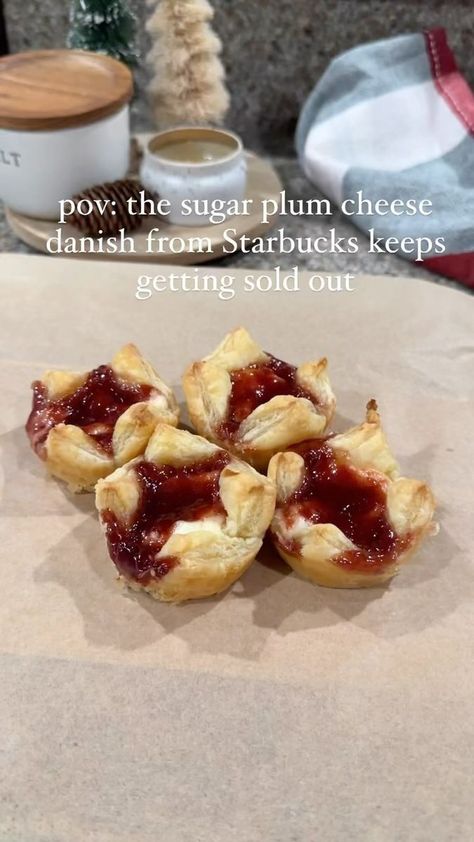 121K views · 210 reactions | Sugar plum cheese danish (Starbucks copycat) 🎄 Recipe below is for 1 puff pastry sheet but you’re gonna probably want to double it for the two sheets because they are addicting! Ingredients: 1 thawed puff pastry sheet 1 8 oz package of cream cheese softened 1/2 cup sugar (I used powder but you can also use granulated) 1 teaspoon vanilla extract 1/2 cup plum jam 1/4 teaspoon ground cinnamon 1/8 teaspoon ground nutmeg 1. Preheat oven to 400 degrees 2. Mix softe Starbucks Plum Danish Recipe, Copycat Sugar Plum Danish, Sugar Plum Cream Cheese Danish, Sugar Plum Danish Recipe, Plum Puff Pastry, Sugar Plum Danish Starbucks, Starbucks Sugar Plum Danish Recipe, Plum Danish Recipe, Sugar Plum Danish