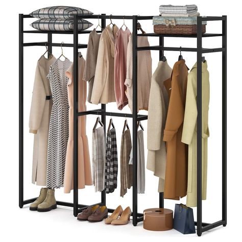 Free Standing Closet Organizer with Hanging Rods, Garment Rack Heavy Duty Clothes Rack with Storage Shelves, Max Load 500LBS - On Sale - Bed Bath & Beyond - 34520896 Freestanding Wardrobe, Standing Closet, Heavy Clothing, Free Standing Closet, Wooden Closet, Bar Shelves, Heavy Duty Clothes Rack, Portable Wardrobe, Shoe Storage Shelf