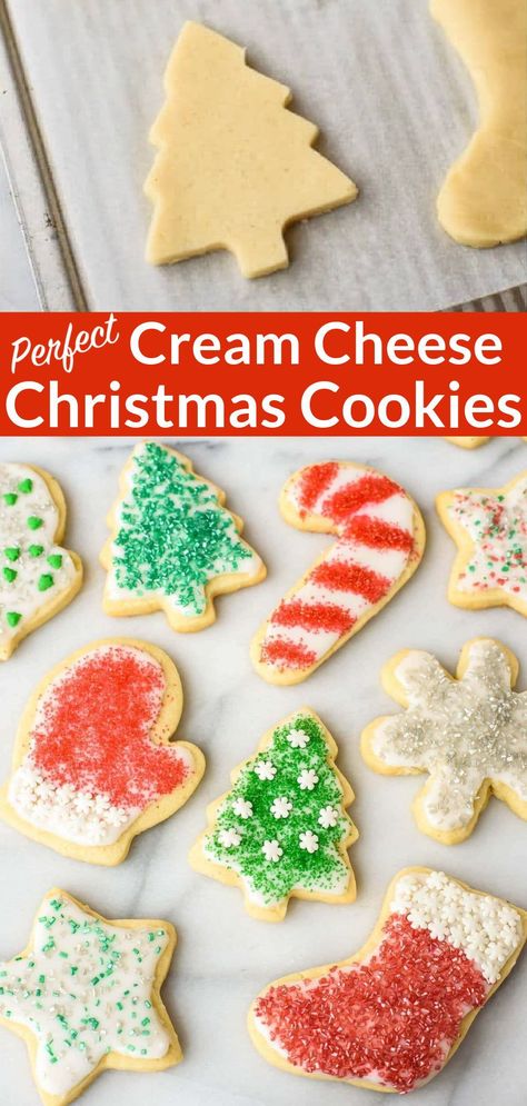 Christmas Cookies Cut Out Recipe, Soft Christmas Cut Out Cookies, Cream Cheese Cookies Christmas, Cream Cheese Frosting Sugar Cookies, Sugar Cookie Recipe Cream Cheese, Easy Soft Christmas Cookies, Sugar Cookie Frosting Recipe Cream Cheese, Cream Cheese Dough Recipe, Rolled Christmas Cookies Recipes