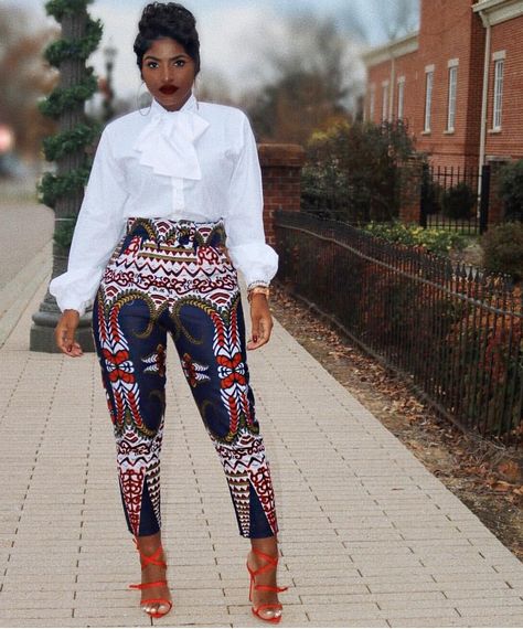 This white top has everything I'm looking for Ankara Trousers Pants, African Pants, Ankara Trousers, African Print Pants, Ankara Clothing, Afrikaanse Mode, African Fashion Ankara, African Fashion Modern, African Fashion Women