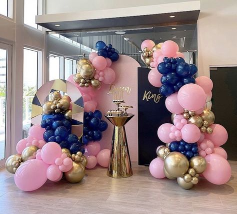 Pink And Blue Decorations Parties, Royal Blue And Pink Quinceanera Theme, Blue And Pink Graduation Party Ideas, Pink And Blue Party Decor, King Or Queen Gender Reveal, Denim And Pink Party Ideas, Pink And Blue Sweet 16 Themes, Pink And Blue Graduation Party, Blue And Pink Party