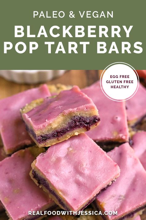 Paleo Blackberry Pop Tart Bars stacked on top of one another. Blackberry Filling, Paleo Baking, Pop Tart, Paleo Sweets, Shortbread Cookie, Paleo Dessert, Vegan Sweets, Healthy Sweets, Gluten Free Baking