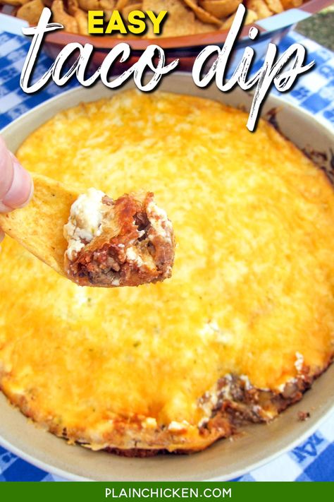 Easy Taco Dip (5-Ingredients) Hot Taco Dip, Easy Taco Dip, Cream Cheese Taco Dip, Taco Dip Easy, Refried Bean Dip, Baked Dips, Taco Dip Recipe, Beef Dip, Bean Dip Recipes