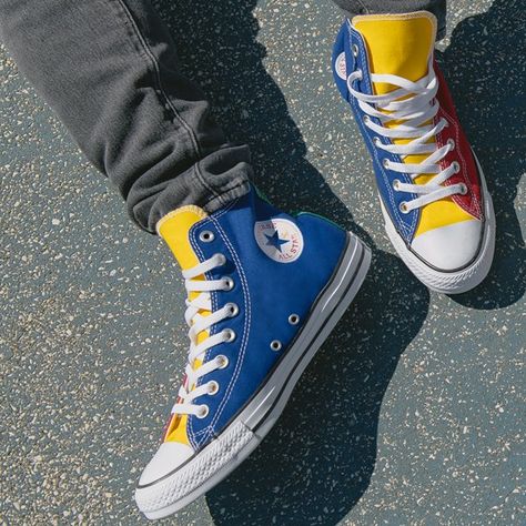 Converse Chuck Taylor All Star Hi Color-Block Sneaker | Journeys Multi Colored Converse, Converse Painting Ideas, Primary Colors Aesthetic, Colorful Converse, Converse Colors, Chucks Style, Converse Style Women, Color Block Shoes, Block Shoes