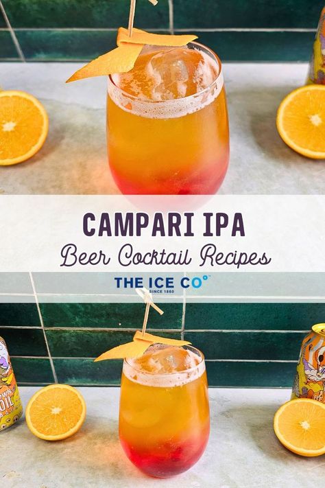 Campari IPA cocktail next to beavertown beer cans and citrus fruits with a green tile background Summer Drink Cocktails, Cocktail Summer, Beer Cocktail, Ipa Beer, Ice Cold Beer, Summer Drink Recipes, Beer Cocktails, Drinks Recipes, Cold Beer