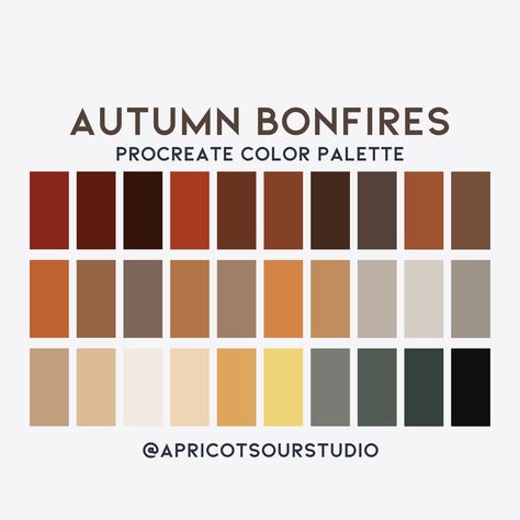 "*DIGITAL DOWNLOAD* Enhance your digital artwork with the warm and captivating hues of the Autumn Bonfire color palette for Procreate. This meticulously crafted collection of colors is inspired by the cozy and enchanting atmosphere of a bonfire on a crisp autumn evening. Revitalize your digital art with the captivating palette of Autumn Bonfire Vibes. Each color has been thoughtfully curated to help you infuse the magic of an autumn bonfire into your creations. Elevate your artwork and evoke the cozy feelings of the season. Get started on your fall-themed projects today! Please note that this listing is for a digital download only. No physical items will be shipped. Upon purchase, you will receive a downloadable .swatches file that can be easily imported into your Procreate app. Product De Autumn Pantone Palette, Autumn Color Pallet, Warm Fall Color Palette, Warm Autumn Color Palette, Fall Colour Palette, Autumn Bonfire, Muted Fall Colors, Autumnal Palette, Color Palette For Procreate