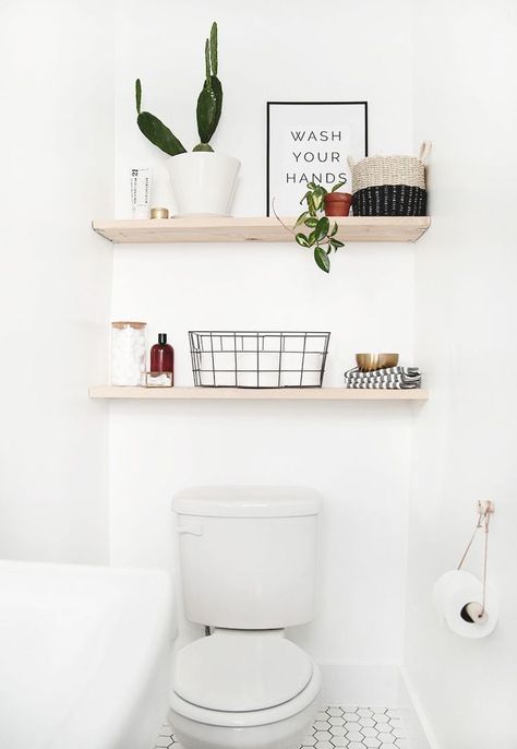 Back with the last DIY project from our modern vintage bathroom. I wanted some simple shelves above our toilet since this is the only spot we have in the bathroom to store anything (you can see a before photo below 😲 with our previous above the toilet storage). It's just a small half bath, so we… Diy Shelves Bathroom, Modern Vintage Bathroom, Small Half Bath, Above Toilet, Toilette Design, Shelves Over Toilet, Small Attic, Diy Bathroom Storage, Attic Bathroom