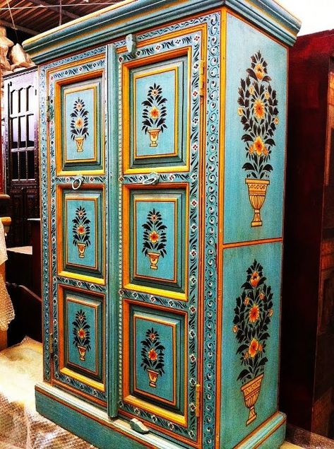 Colours Dekor: Indian Furniture stores in Dubai Wooden Door Paint, Latin Decor, Iridescent Decor, Bad Room Design, Painted Trunk, Painting Wooden Furniture, Painted Cupboards, Bohemian Furniture, Wall Painting Decor