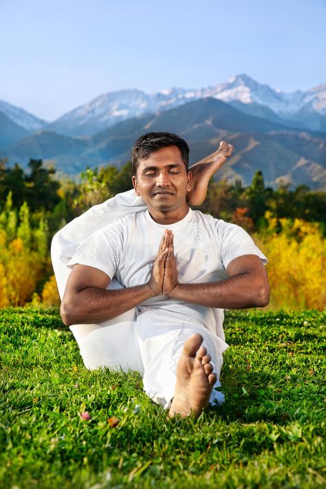 Yoga Advance pose in mountai Yoga meditation eka pada shirshasana foot behind the head pose by concentrate Indian Man in white cloth in the morning at royalty free stock photography Head Pose, Mountains Photo, Indian Man, White Cloth, Mountain Man, Stock Photography Free, The Head, Yoga Meditation, Yoga Poses