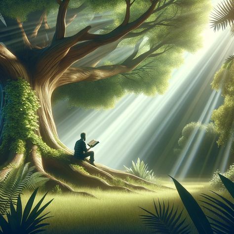 A serene scene depicting a person sitting under a large, ancient tree, reading the Bible. The tree is lush and full of life, symbolizing growth and strength. Rays of light filter through the branches, creating a peaceful, divine atmosphere, resonating with tranquility and connection with faith. High detail, smart, targeting Bible readers. Love In Bible, Prophetic Art Worship, Jesus 2024, A Person Sitting, Christian Background Images, Biblical Affirmations, Bible Artwork, Christian Illustration, Reading The Bible