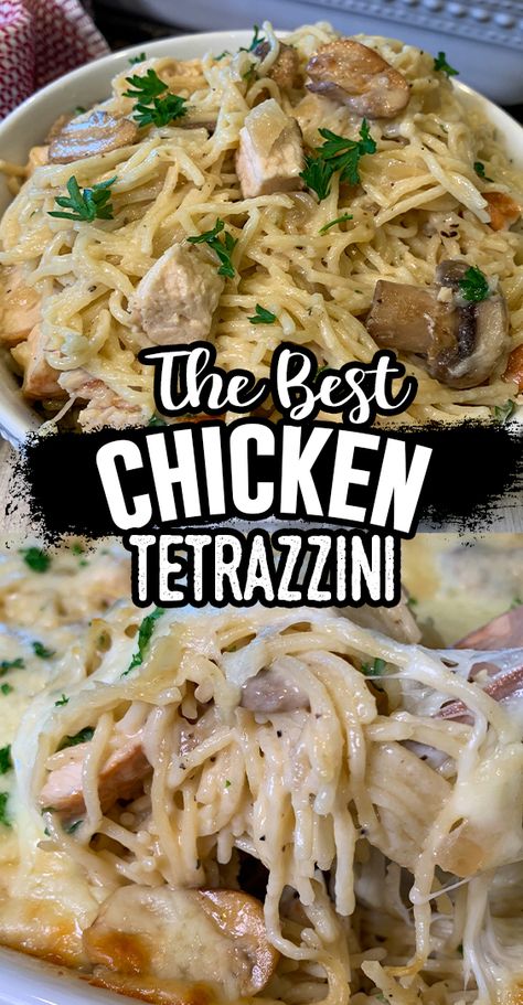 This chicken tetrazzini recipe is an easy and delicious casserole dish! Filled with spaghetti, chicken and mushrooms then baked into an amazing creamy sauce with so much flavor! Then topped with gooey mozzarella to tie it all together. This will become your families go to dinner recipe! #ChickenTetrazzini #CasseroleRecipes The Best Chicken Tetrazzini Recipe, Chicken Tetrazzini Casserole, Chicken Tetrazzini Recipes, Easy Suppers, Exciting Recipes, Chicken Casseroles, Roast Chicken Leftovers, Chicken Tetrazzini, Vintage Housewife