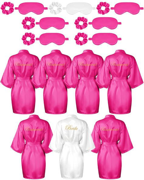 PRICES MAY VARY. Nice Combination Set: the package comes with 7 pieces of bridal party robes, including 1 bride embroidered robe and 6 bridesmaid robes, each gown comes with a matching eye mask and hair tie set in the same color, sufficient in quantities and styles to meet your requirement of using Soft and Comfortable: the bridesmaids robes, eye mask and hair ring are all made of quality satin fabric, which is soft and skin friendly; The inside of the eye mask is filled with 180 grams of silk c Embroidered Robe, Women Birthday Party, Bridesmaids Robes, Berry Wedding, Sleeping Eye Mask, Satin Robes, Embroidered Robes, Bridal Party Robes, Bach Party