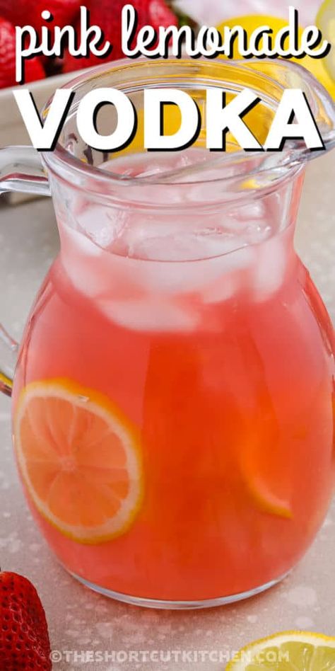 Pink strawberry lemonade vodka is the perfectly sweet-tart and tasty! Pool Drinks Alcohol Pitcher, Lemonade And Vodka Drinks, Pitcher Vodka Cocktails, Pink Lemonade Vodka Drinks, Vodka Lemonade Pitcher, Summer Pitcher Drinks, Strawberry Alcohol Drinks, Strawberry Vodka Lemonade, Vodka Lemonade Drinks