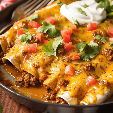 Delicious ground beef enchiladas with homemade enchilada sauce, perfect for a flavorful Mexican meal. Ready in just 40 minutes! Tex Mex Ground Beef Enchiladas, Meat Enchiladas Ground, Beef Enchiladas With Chili Sauce, Baked Beef Enchiladas, Diy Enchilada Sauce Easy, Enchilada Pie Recipe Ground Beef, Red Sauce Enchiladas Beef, Uses For Enchilada Sauce, Flat Enchiladas Recipe