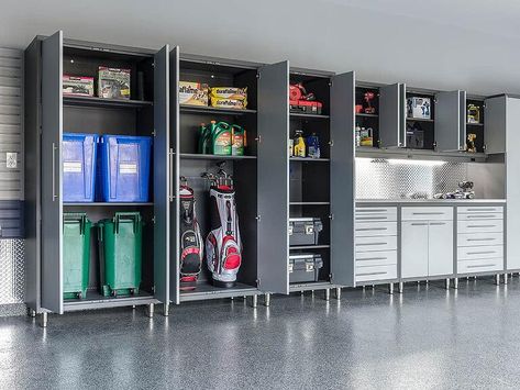 Large Garage Organization Ideas, Garage Closed Storage Ideas, Sliding Garage Storage, Tool Room Ideas Small Spaces, Garage Systems Organization Ideas, Garage Cupboards Storage, Floor To Ceiling Garage Cabinets, Modern Garage Storage Ideas, Garage Organisation Ideas