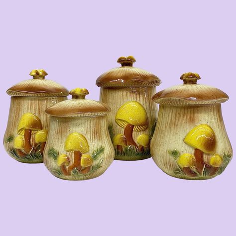 Vintage Mushroom Canister Set Retro 1970s Bohemian + Arnels + Set of 4 + Ceramic + Brown and Yellow + Merry Mushrooms + MCM Kitchen Storage Mushroom Canisters, 1980s Kitchen, Mushroom Kitchen, Mcm Kitchen, Ceramic Mushroom, Ceramic Canisters, Vintage Mushroom, Mushroom Decor, Vintage Display