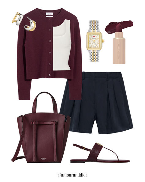 Styling shorts for fall: Burgundy + Navy 🍂🍁 Fall outfit, autumn outfit, shorts for fall, burgundy, dark red, navy blue, pleated shorts, cardigan, fall, burgundy lipstick, mixed metal jewelry, Mulberry Blue Shorts Outfit, Styling Shorts, Navy Blue Outfit, Burgundy Lipstick, Dior Style, Outfit Shorts, Outfit Autumn, Sophisticated Outfits, Mixed Metal Jewelry