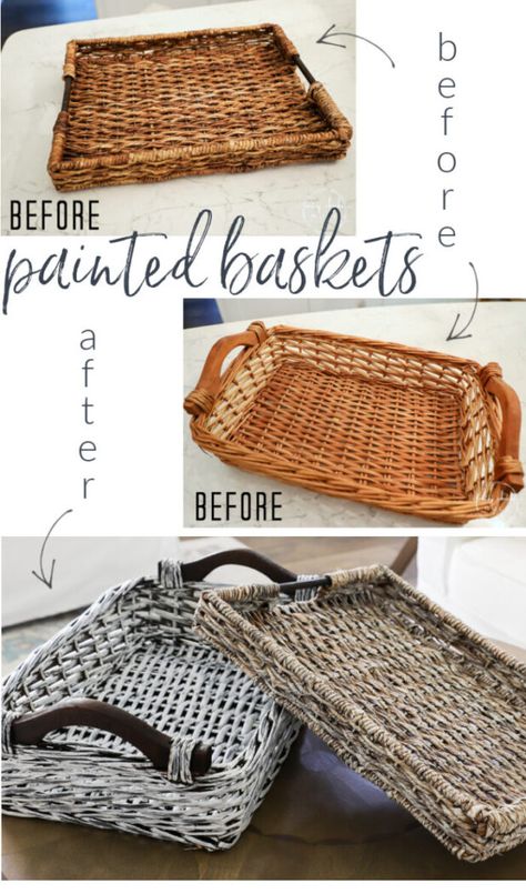 Painting Baskets Diy, Basket Diy Decor, Paint Baskets Wicker Diy, Thrift Store Basket Makeover, Modern Farmhouse Diy Projects, How To Paint Baskets, How To Use Baskets Around The House, Refurbished Baskets, Painting Baskets Wicker