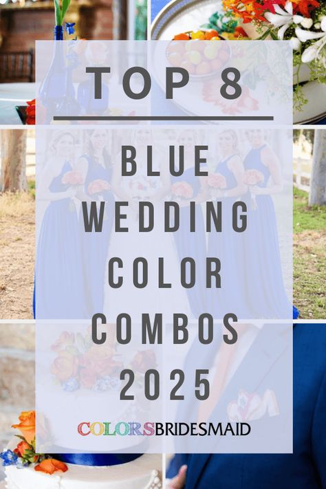 Blog - Wedding Ideas - ColorsBridesmaid Bermuda Blue Wedding Colors, Blue Wedding Ideas Color Schemes, Bridesmaid Dresses Different Shades Of Blue, Wedding Shades Of Blue, Colors That Compliment Blue, Shades Of Blue Wedding Party, Different Shades Of Blue Bridesmaids, Dusty Blue Groomsmen Attire, Royal Blue Color Combinations