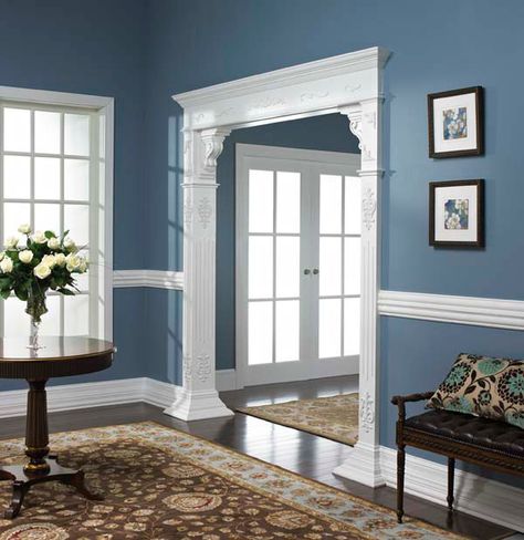 Foyer with Built Ups Arch Entryway Interior, Arched Doorways Interior, Doorways Interior, Archways In Homes, Arch Entryway, Fireplace Mantel Surrounds, Ceiling Trim, Mantel Surround, Wood Mouldings