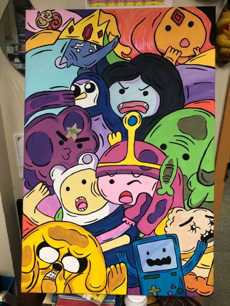 Big Cartoon Paintings, Cartoon Pop Art Painting, Adventure Time Painting Easy, Cartoon Collage Painting, Drawings For Posters, Game Drawing Ideas, Painting Ideas On Canvas Cartoon Characters, Anime Paintings Canvases, Adventure Time Painting