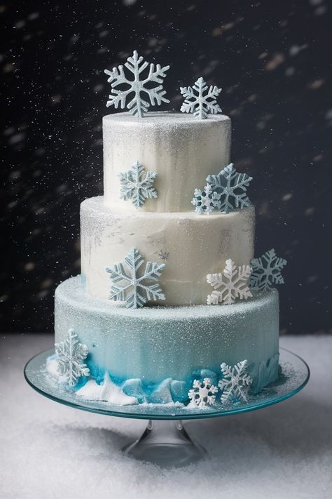 Frosty Elegance: Celebrate with a Snow-Kissed Birthday Cake Winter Theme Cake Birthday, 2 Tier Winter Wonderland Cake, Winter Snowflake Cake, Snow Cake Birthday, Winter Onederland Cake Boy, Tier Cake Sizes, Snow Cake Winter, Winter Wonderland Baby Shower Cake, Winter Wonderland Cake Ideas